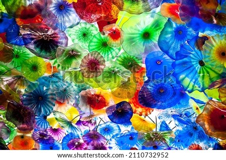 abstraction, glass jellyfish, hotel ceiling in las vegas color bright beautiful background.