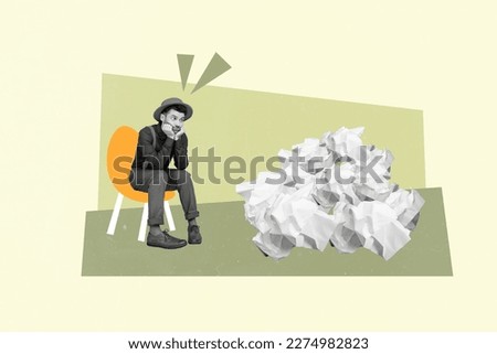 Absurd collage picture poster banner of bored unhappy sad man sitting failure problems waiting inspiration isolated on painted background