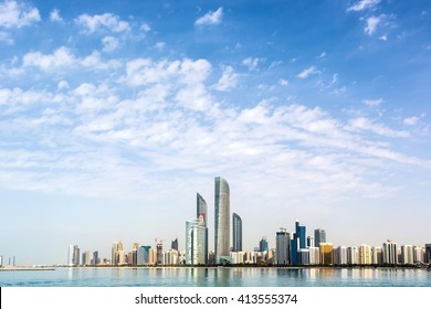 Abu Dhabi, EAU - December 15th 2015 - The Famous Skyline Of Abu Dhabi In A Blue Sky Day, Abu Dhabi, EAU.