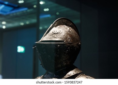 Abu Dhabi / UAE - 12.05.2019: Louvre Abu Dhabi. Modern New Museum In Abu Dhabi. Exhibits Of Antiquity Presented In The Museum. Ancient Armor War Of The Middle Ages