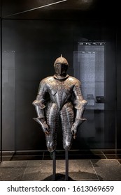 Abu Dhabi / UAE - 12.05.2019: Louvre Abu Dhabi. Modern New Museum In Abu Dhabi. Exhibits Of Antiquity Presented In The Museum. Ancient Armor War Of The Middle Ages