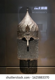 Abu Dhabi / UAE - 12.05.2019: Louvre Abu Dhabi. Modern New Museum In Abu Dhabi. Exhibits Of Antiquity Presented In The Museum. Ancient Armor War Of The Middle Ages