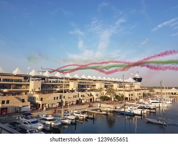 Abu Dhabi, UAE- 24 November 2018. Twisted Colored Lines On The Sky Of Aerobatic Performance Above The Yas Marina Circuit, During Formula 1