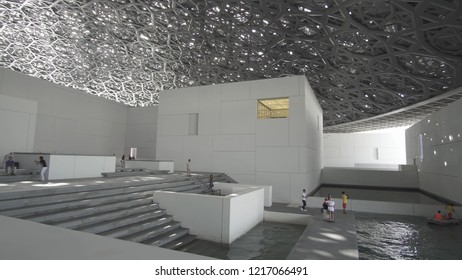 Abu Dhabi, UAE - April 04, 2018: Interior of the new Louvre Museum in Abu Dhabi showing reflections of the Rain of Light dome