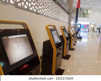 Abu Dhabi,  UAE- Circa 2018. Self check kiosks in Abu Dhabi Airport