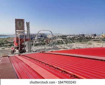 Abu Dhabi, UAE - Circa 2020. The Tower Of Zip Line And Roller Coaster Slides Seen From The Rooftop At Ferrari World Abu Dhabi 