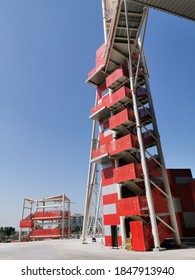 Abu Dhabi, UAE - Circa 2020. Zip Line Red Towers At Ferrari World Abu Dhabi 