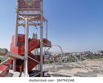 Abu Dhabi, UAE - Circa 2020. Close View Of Zip Line Tower At Ferrari World Abu Dhabi 