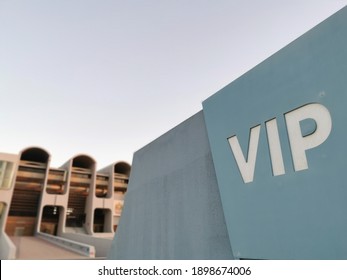 Abu Dhabi, UAE - Circa 2021. Light Blue Cemented Sign VIP In Front Of Sheikh Zayed Football Stadium 