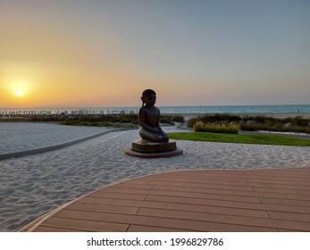 Abu Dhabi, UAE - Circa 2021. The Silhouette Of Budda At The Beach Near Budda Bar At Sunset