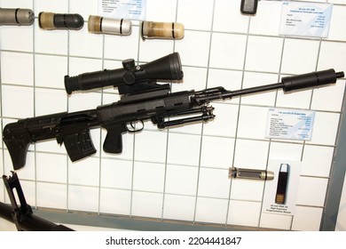 Abu Dhabi, UAE - Feb.23. 2011: Russian KBP Instrument Design Bureau OTs-03 SVU Bullpup Designated Marksman Rifle (7.62mm) In IDEX 2011