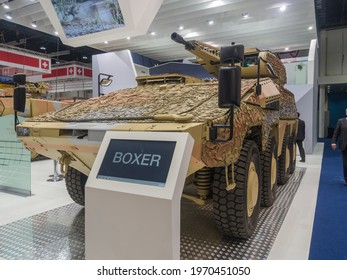 Abu Dhabi, UAE - Feb.25.2015: GTK Boxer Infantry Fighting Vehicle Variant With A 30mm LANCE RC Turret At IDEX 2015