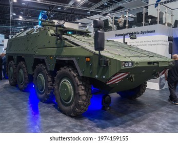 Abu Dhabi, UAE - Feb.25.2015: RTEC Company Multipurpose Boxer 8x8 MRAV Armored Vehicle With A Rooftop 5 KW High Power Laser At IDEX 2015