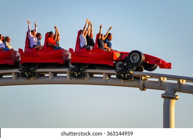 ABU DHABI UAE MARCH 2 2014: Formula Rossa, the fastest roller coaster in the world in Ferrari World amusement park at Yas Island - Abu Dhabi UAE