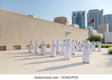 ABU DHABI, UAE - MAY 14, 2021: Traditional Emirati male Al Ayalah dance at Al Hosn Festival