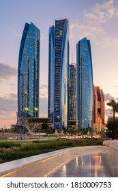 Abu Dhabi, UAE - November 22, 2019: Modern Skyscrapers in Abu Dhabi at sunset, United Arab Emirates