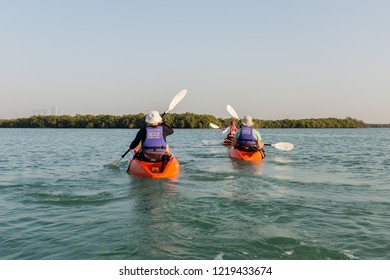 ABU DHABI, UAE - OCTOBER 10, 2014: Kayaking In Mangrove National Park, Abu Dhabi, United Arab Emirates. The Natural Mangrove Forests Are A Popular Playground For Outdoor Activities.