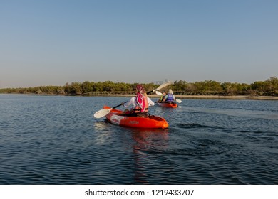 ABU DHABI, UAE - OCTOBER 10, 2014: Kayaking In Mangrove National Park, Abu Dhabi, United Arab Emirates. The Natural Mangrove Forests Are A Popular Playground For Outdoor Activities.