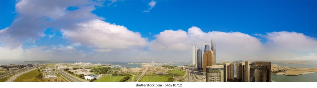 Abu Dhabi, UAE. Panoramic Aerial View At Sunset From Corniche Road.