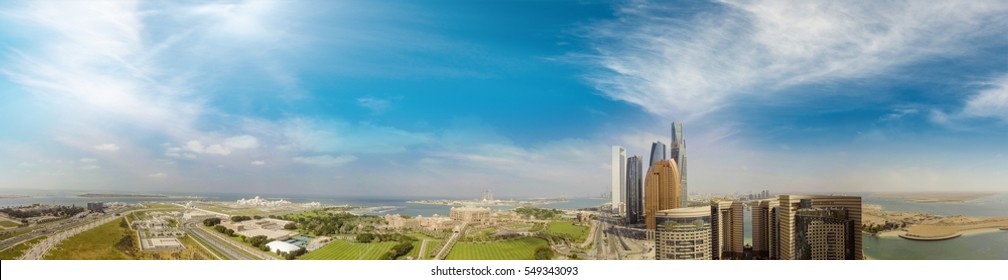 Abu Dhabi, UAE. Panoramic Aerial View At Sunset From Corniche Road.