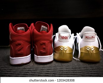 Abu Dhabi, UAE - September 10, 2017: Red And White Nike Michael Jordan 23 Sneakers - Kobe Bryant Nike Sneakers (Black Mamba)