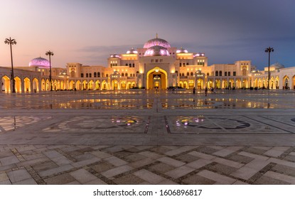 Abu Dhabi, UAE, United Arab Emirates - November 2019:  The Main Square Of  Qasr Al Watan (Palace Of The Nation), Presidential Palace In Abu Dhabi, Outdoor, Exterior, At Sunset