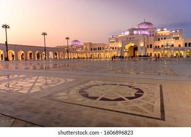 Abu Dhabi, UAE, United Arab Emirates - November 2019:  The Main Square Of  Qasr Al Watan (Palace Of The Nation), Presidential Palace In Abu Dhabi, Outdoor, Exterior, At Sunset