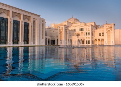 Abu Dhabi, UAE, United Arab Emirates - November 2019:  Qasr Al Watan (Palace Of The Nation), Presidential Palace In Abu Dhabi, Outdoor, Exterior, At Sunset, Reflection In Water, Nobody