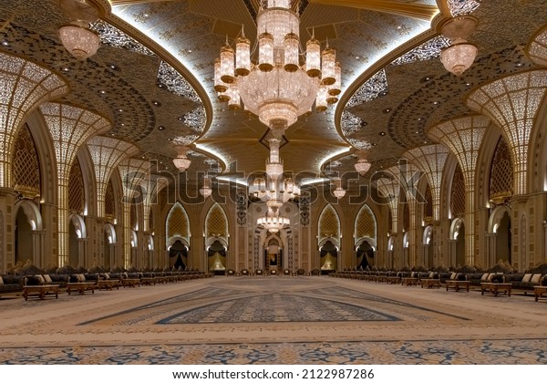 Abu Dhabi, UAE-February 2022; Interior view of\
main majlis (council) or meeting room in Qasr Al-Watan (Palace of\
the Nation) presidential\
palace