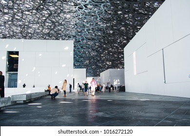 ABU DHABI, UNITED ARAB EMIRATES - JANUARY 26, 2018: Louvre Abu Dhabi modern hall with Rain of Light roof design