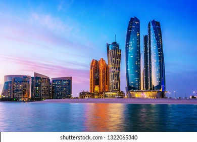 ABU DHABI, UNITED ARAB EMIRATES - FEB 10, 2019: Etihad Towers in Abu Dhabi, United Arab Emirates after sunset