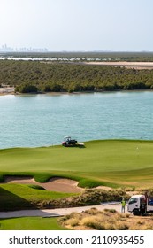 Abu Dhabi, United Arab Emirates - December 28, 2021, The beautiful Yas Links golf course is located along the waters of Yas Island. Designed by Kyle Phillips and rated 48 in the world. 