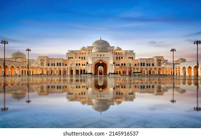Abu Dhabi, United Arab Emirates - April 10, 2022: Presidential Palace, Qasr al-Watan with Light Laser Show and Reflection
