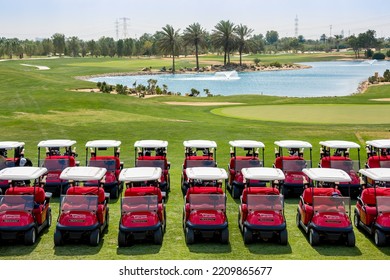 Abu Dhabi, United Arab Emirates - Jan 2, 2014. Five Star Line Up Of Golf Carts - It Is Tee Time At Abu Dhabi Golf Club.