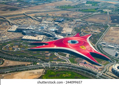 ABU DHABI, UNITED ARAB EMIRATES - MAY 23, 2013: Aerial view of Ferrari World Park is the largest indoor amusement park in the world.