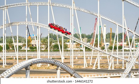 ABU DHABI/UAE - April 7, 2019: Formula Rossa roller coaster track in the Ferrari World amusement park at Yas Island