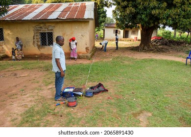 Abuja, Nigeria - October 28, 2021: African Geologist And Team Members Conducting Geophysical Survey For Water Availability In The Ground. Soil Science And Test. Rural Water Project.