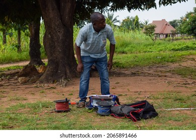 Abuja, Nigeria - October 28, 2021: African Geologist And Team Members Conducting Geophysical Survey For Water Availability In The Ground. Soil Science And Test. Rural Water Project.