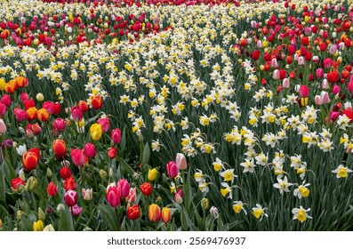 The abundance of colors and scents of tulips and daffodils blooming in the spring garden