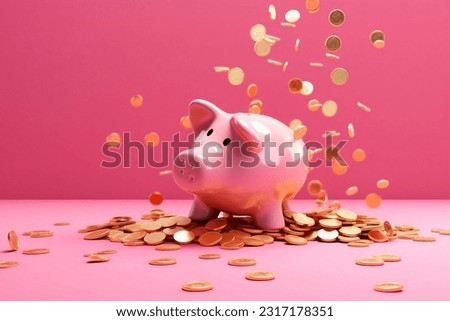 An abundance of gold coins cascaded into the pink piggy bank, causing an overflow onto the floor. This piggy bank resides on a pink table against a matching wall.
