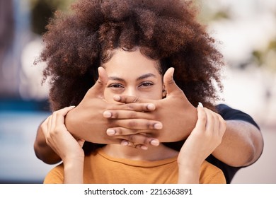 Abuse, Depressed And Couple With Violence In Their Marriage Together In The City. Face Of A Black Woman With Anxiety, Pain And Problem With A Man Being Abusive With Trauma, Hands For Fear And Stress