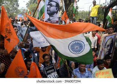 ABVP Activist Waves Indian Flag In Front Of Jadavpur University To Protest Against Anti- National Slogan At JU And JNU On February 18, 2016 In Calcutta, India.