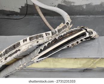 AC pipe wrapper gnawed by rats. Causing the AC pipe to quickly become damaged due to heat and rain. Photo taken from other view.