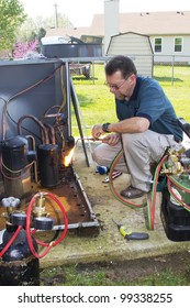 A/c  Repair Man, Replacing Condenser Coils & Compressor On Residential Air Conditioning Unit