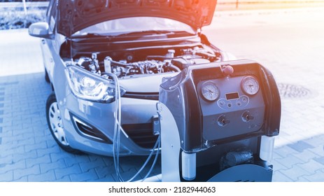 Ac Service Car Air Repair Conditioner. Check Automotive Vehicle Conditioning System And Refill Automobile Ac Compressor. Diagnostic Auto Car Conditioner Service