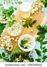 Acacia Syrup Homemade Honey With Flowers On Wood. Shallow Dof.