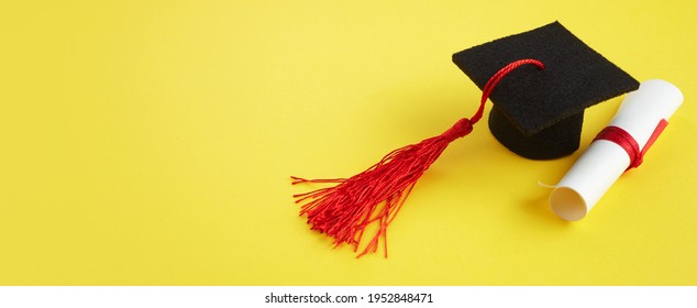 Academic hat with diploma on yellow background. Graduation theme