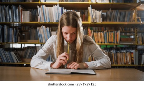 Academic teen girl studying in the library, solving assignments, writing and erasing answers in a notebook. Concept of knowledge and school. - Powered by Shutterstock