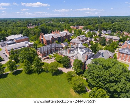 Academy Building of Phillips Exeter Academy aerial view in historic town center of Exeter, New Hampshire NH, USA. This building is the main building of the campus. 
