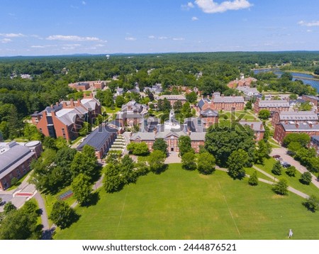 Academy Building of Phillips Exeter Academy aerial view in historic town center of Exeter, New Hampshire NH, USA. This building is the main building of the campus. 